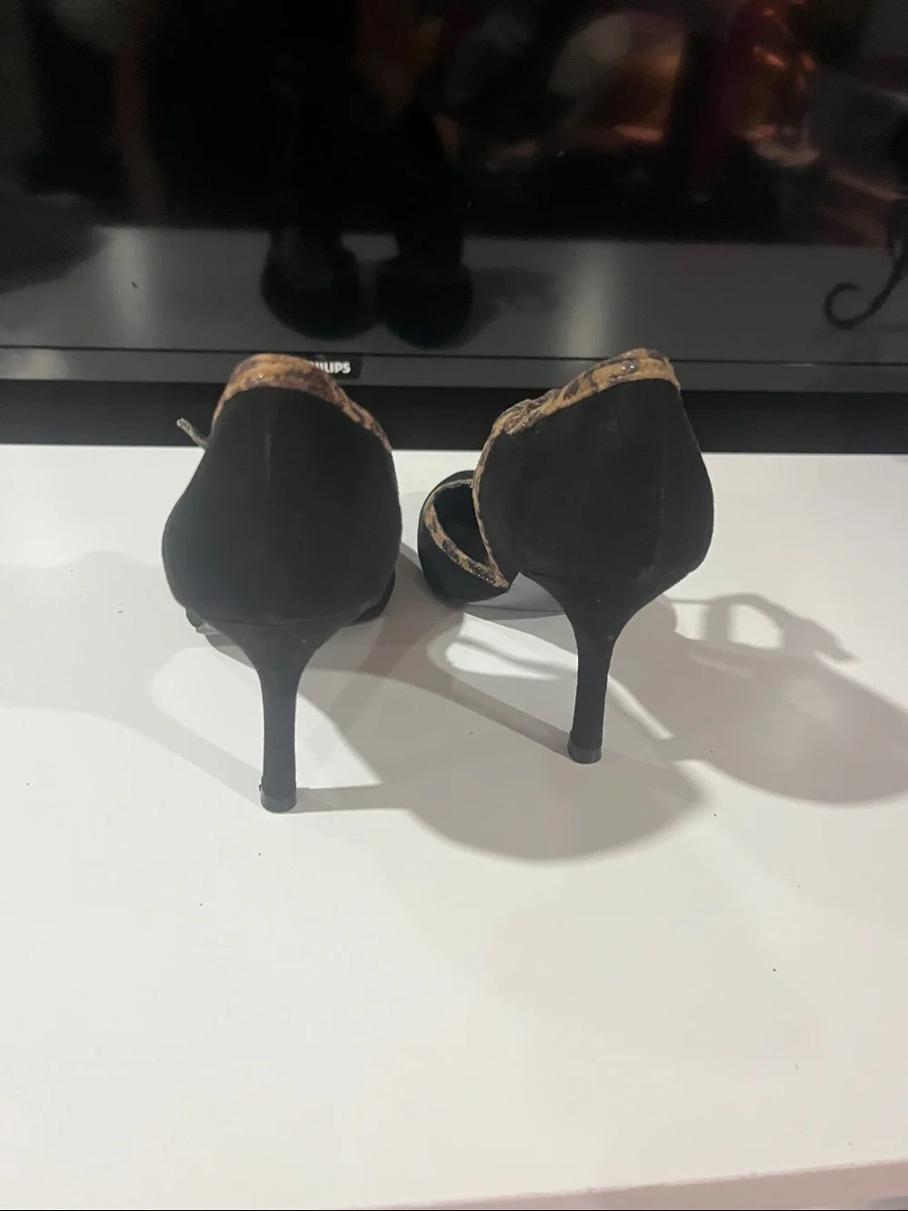 Impo Black Suede Pointed-Toe Heels with Leopard Trim